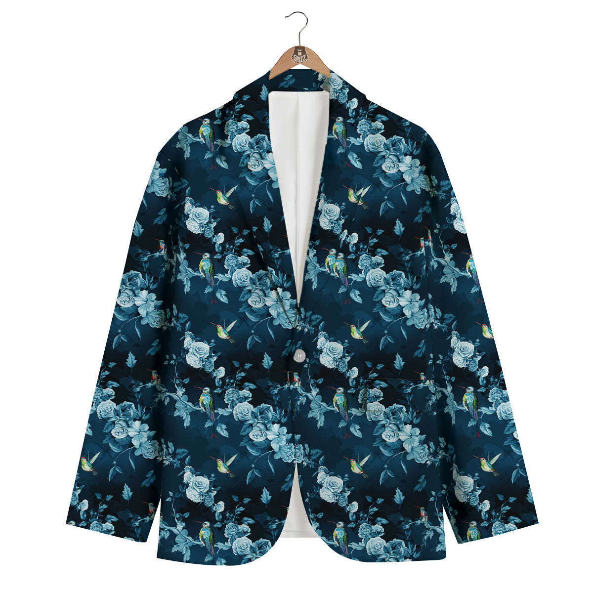Floral Hummingbird Dark Blue Print Men's Blazer-grizzshop