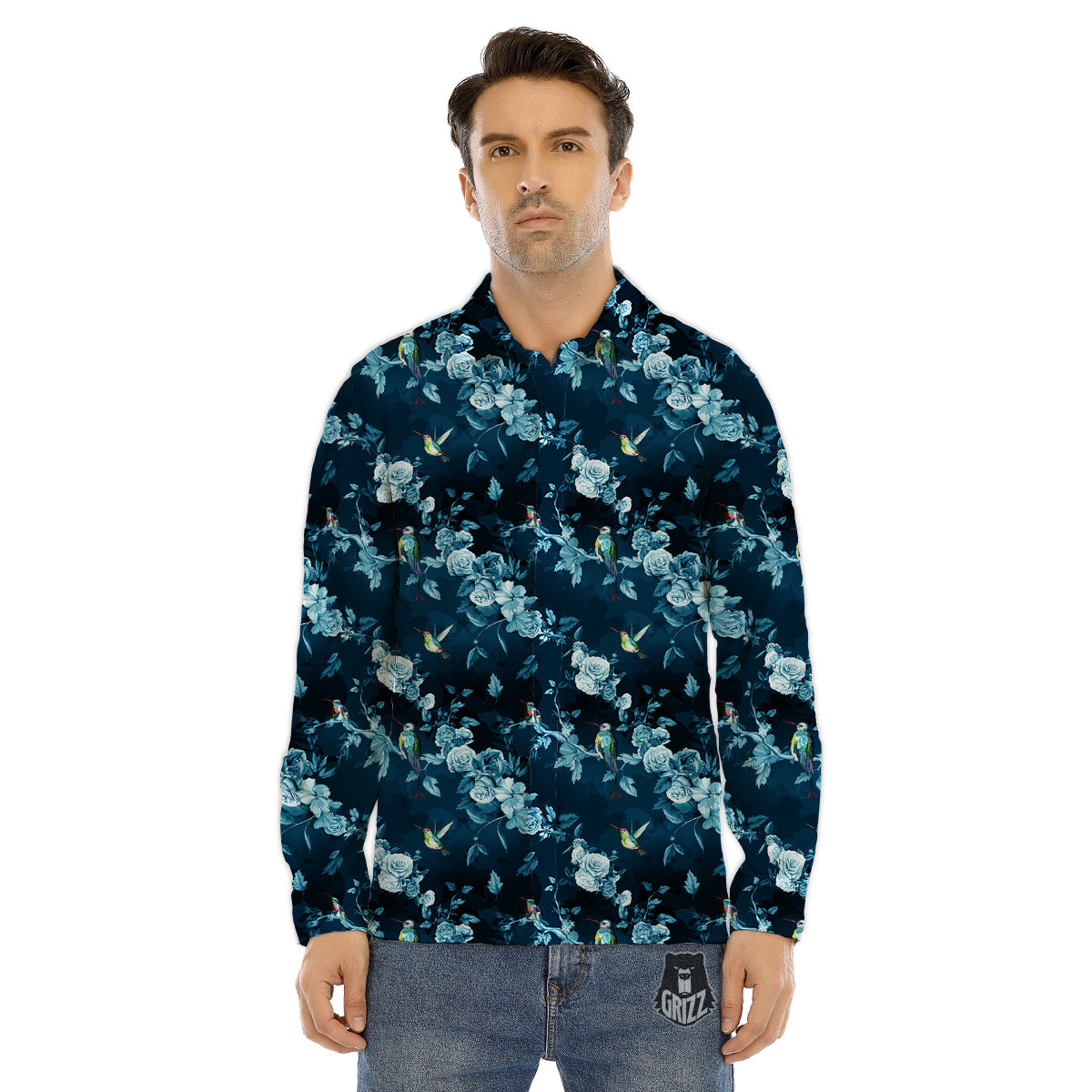 Floral Hummingbird Dark Blue Print Men's Dress Shirts-grizzshop