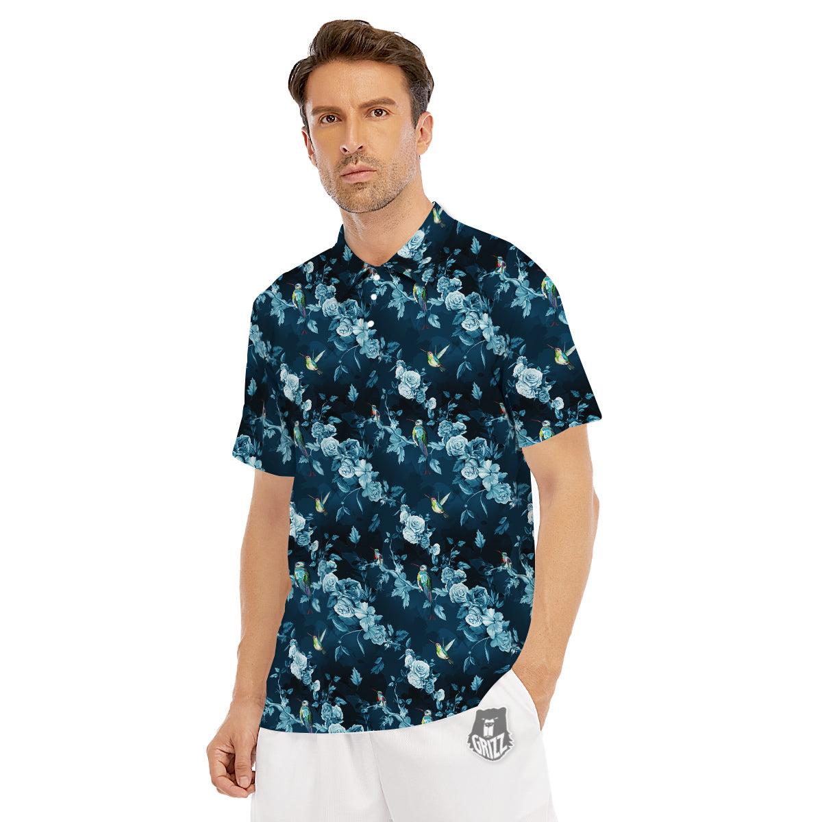 Floral Hummingbird Dark Blue Print Men's Golf Shirts-grizzshop