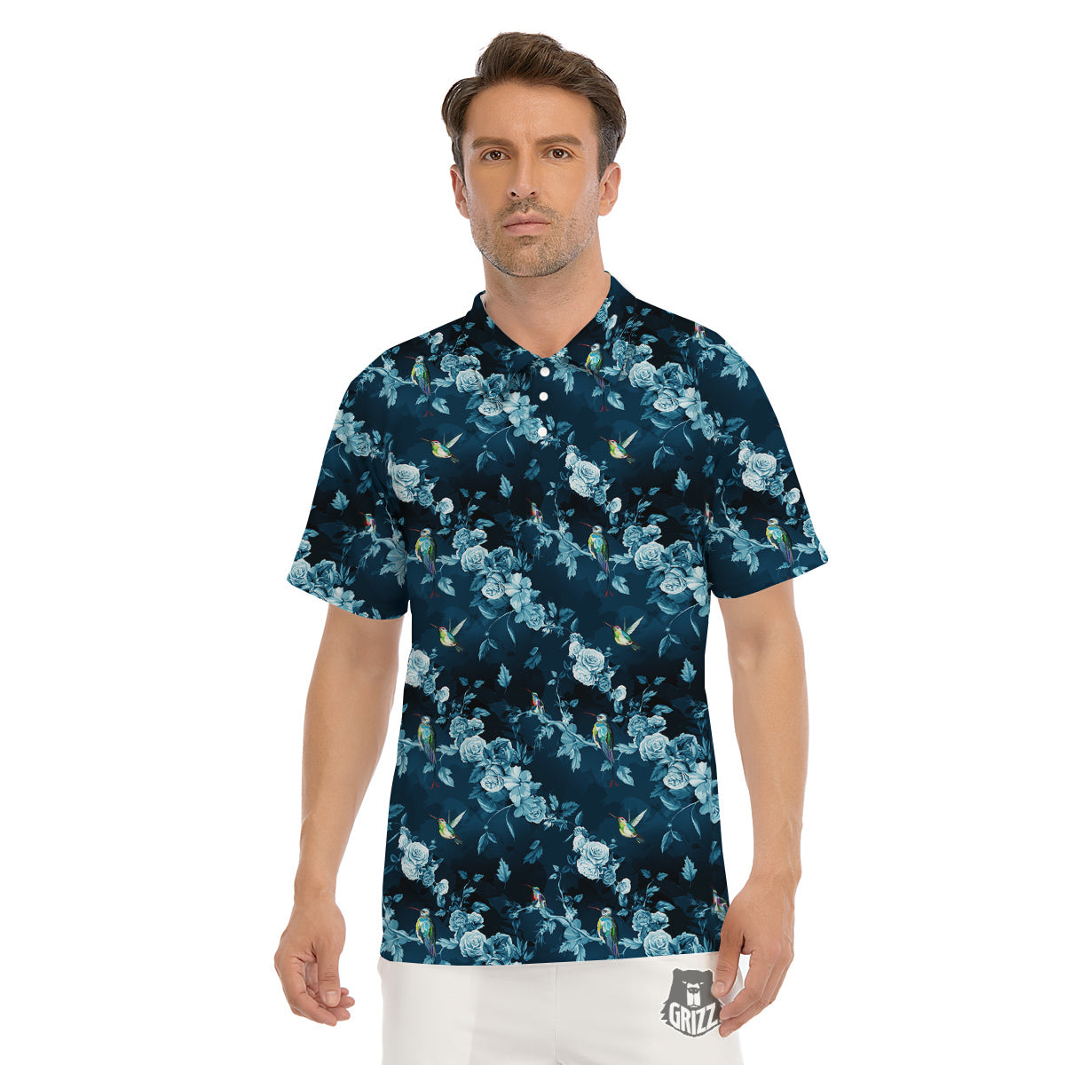Floral Hummingbird Dark Blue Print Men's Golf Shirts-grizzshop