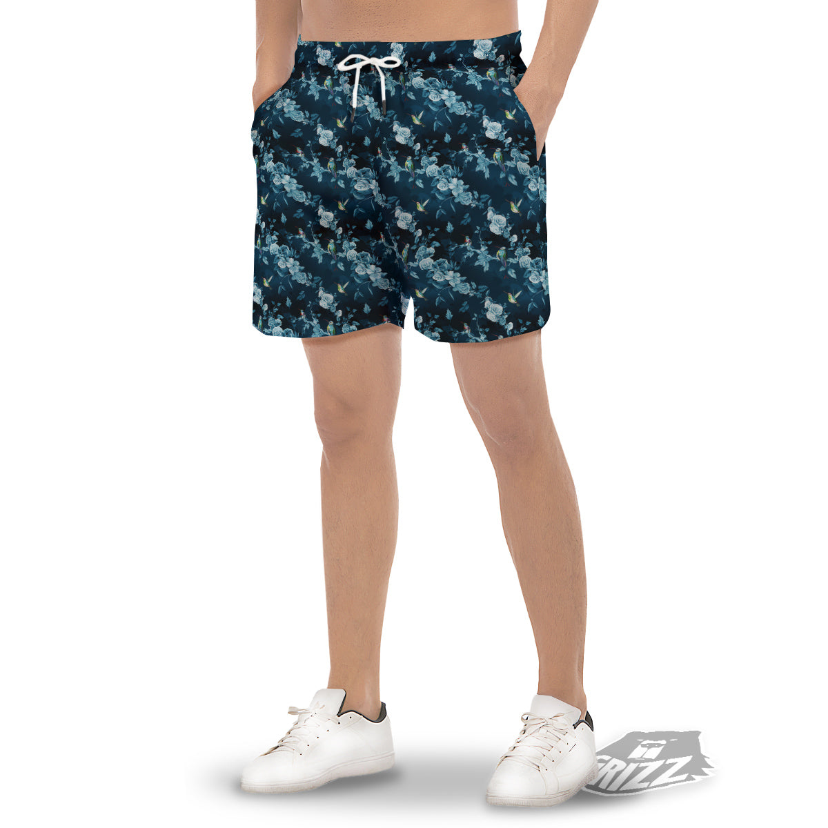 Floral Hummingbird Dark Blue Print Men's Gym Shorts-grizzshop