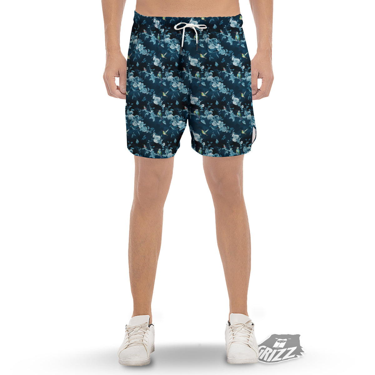 Floral Hummingbird Dark Blue Print Men's Gym Shorts-grizzshop