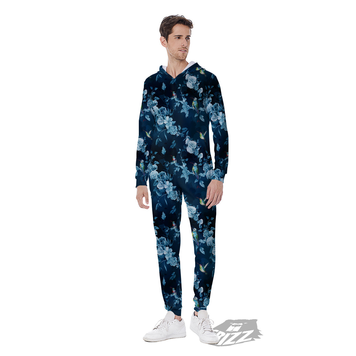 Floral Hummingbird Dark Blue Print Men's Jumpsuit-grizzshop