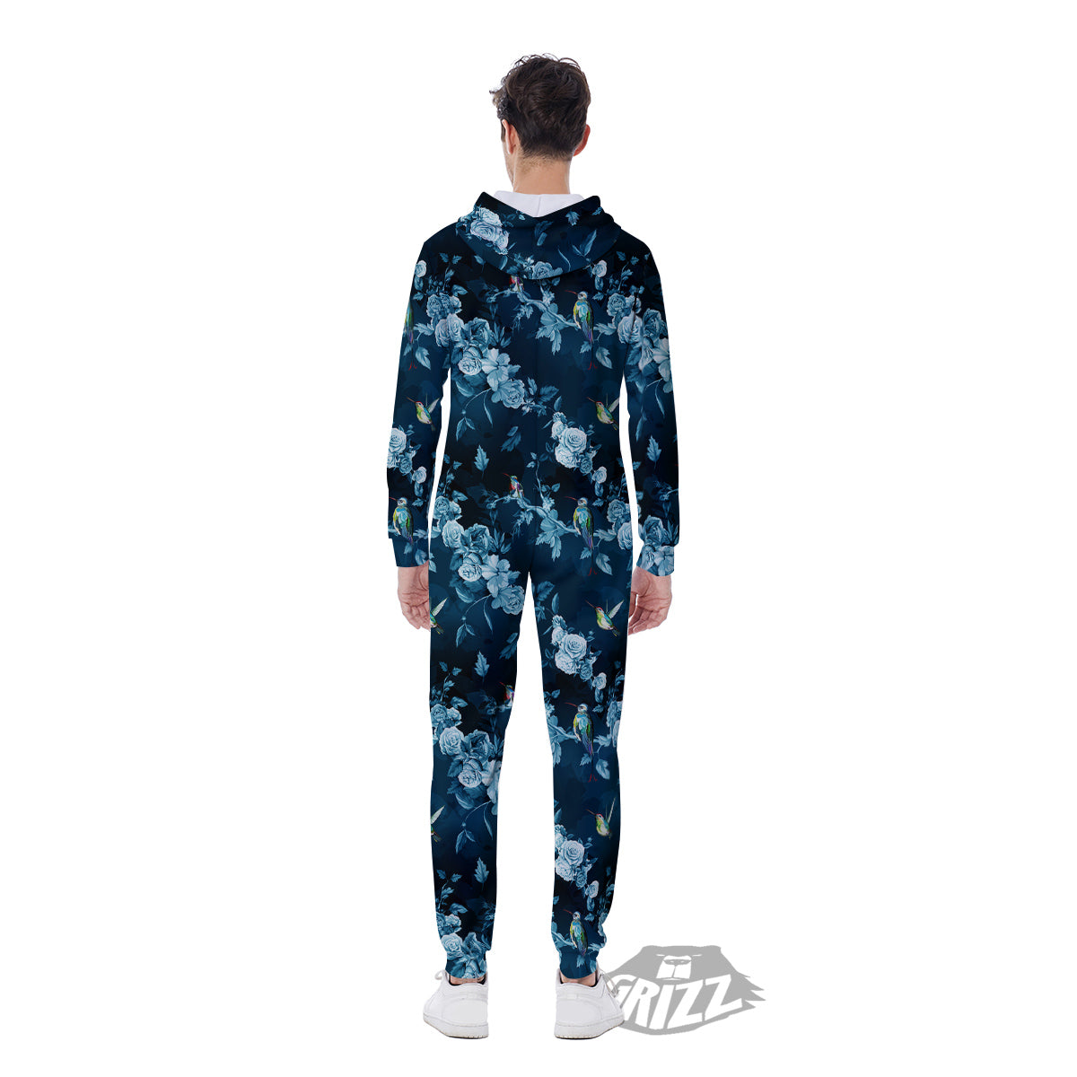 Floral Hummingbird Dark Blue Print Men's Jumpsuit-grizzshop