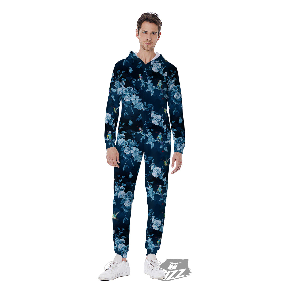Floral Hummingbird Dark Blue Print Men's Jumpsuit-grizzshop