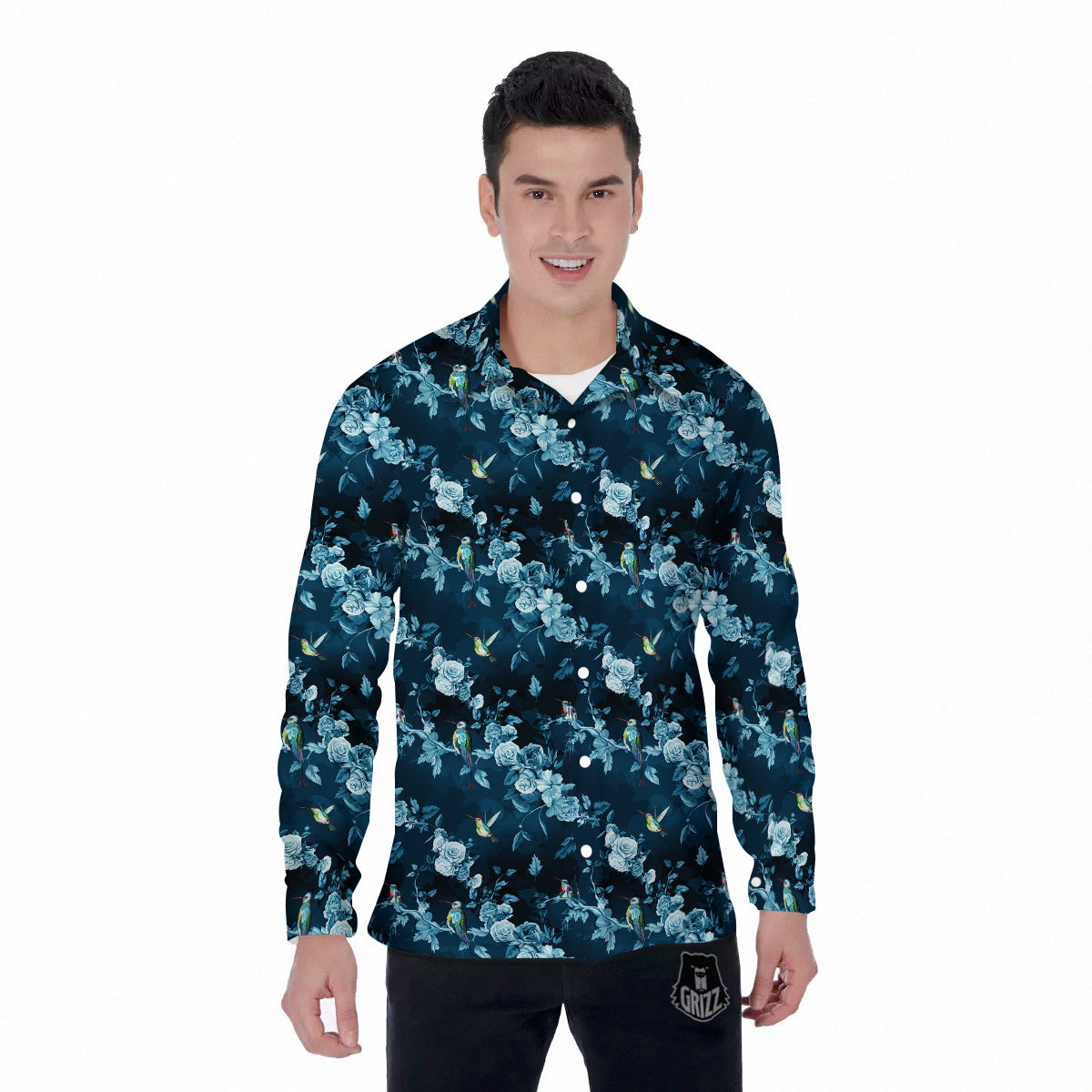 Floral Hummingbird Dark Blue Print Men's Long Sleeve Shirts-grizzshop