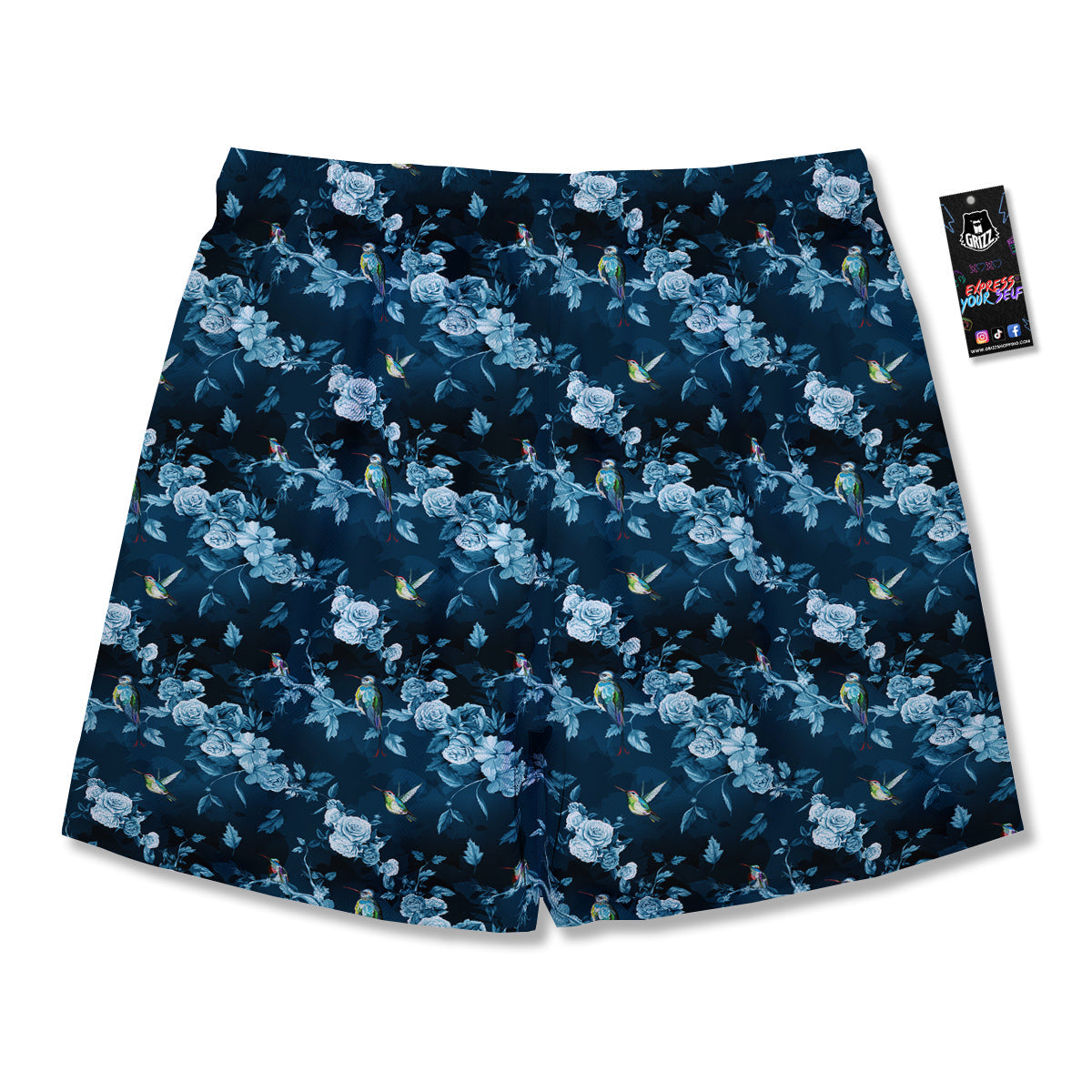 Floral Hummingbird Dark Blue Print Men's Running Shorts-grizzshop