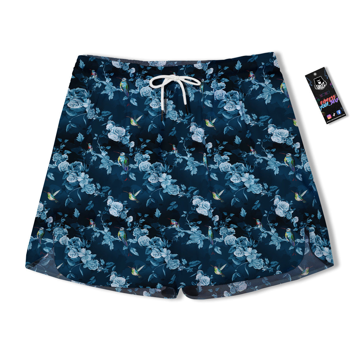 Floral Hummingbird Dark Blue Print Men's Running Shorts-grizzshop