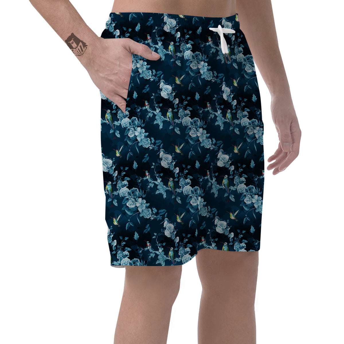 Floral Hummingbird Dark Blue Print Men's Shorts-grizzshop