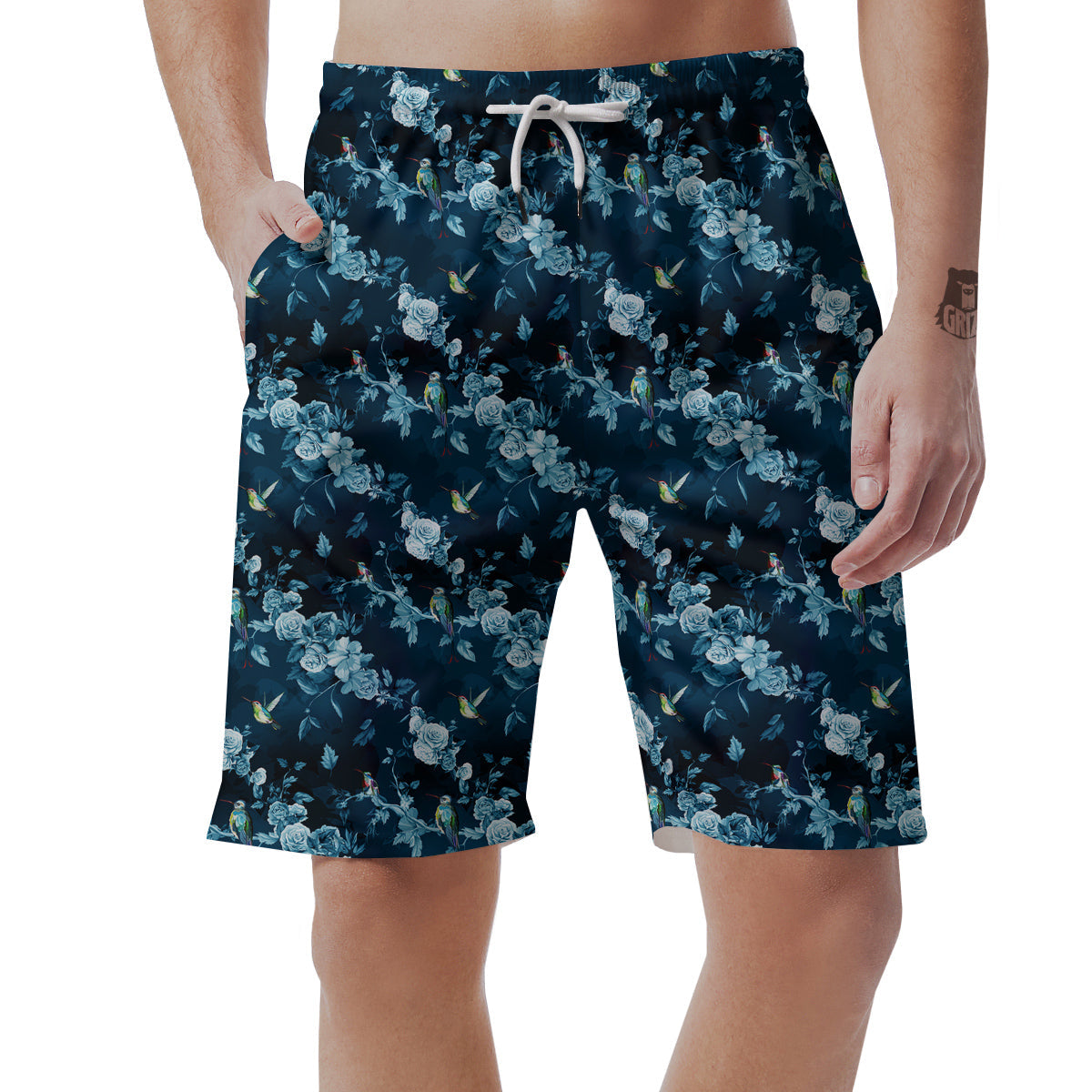 Floral Hummingbird Dark Blue Print Men's Shorts-grizzshop