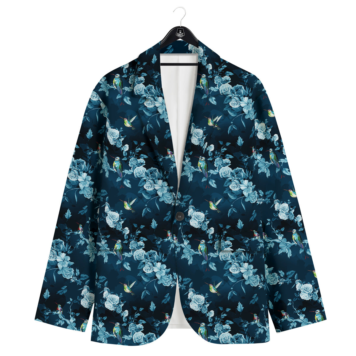 Floral Hummingbird Dark Blue Print Men's Sport Coat-grizzshop