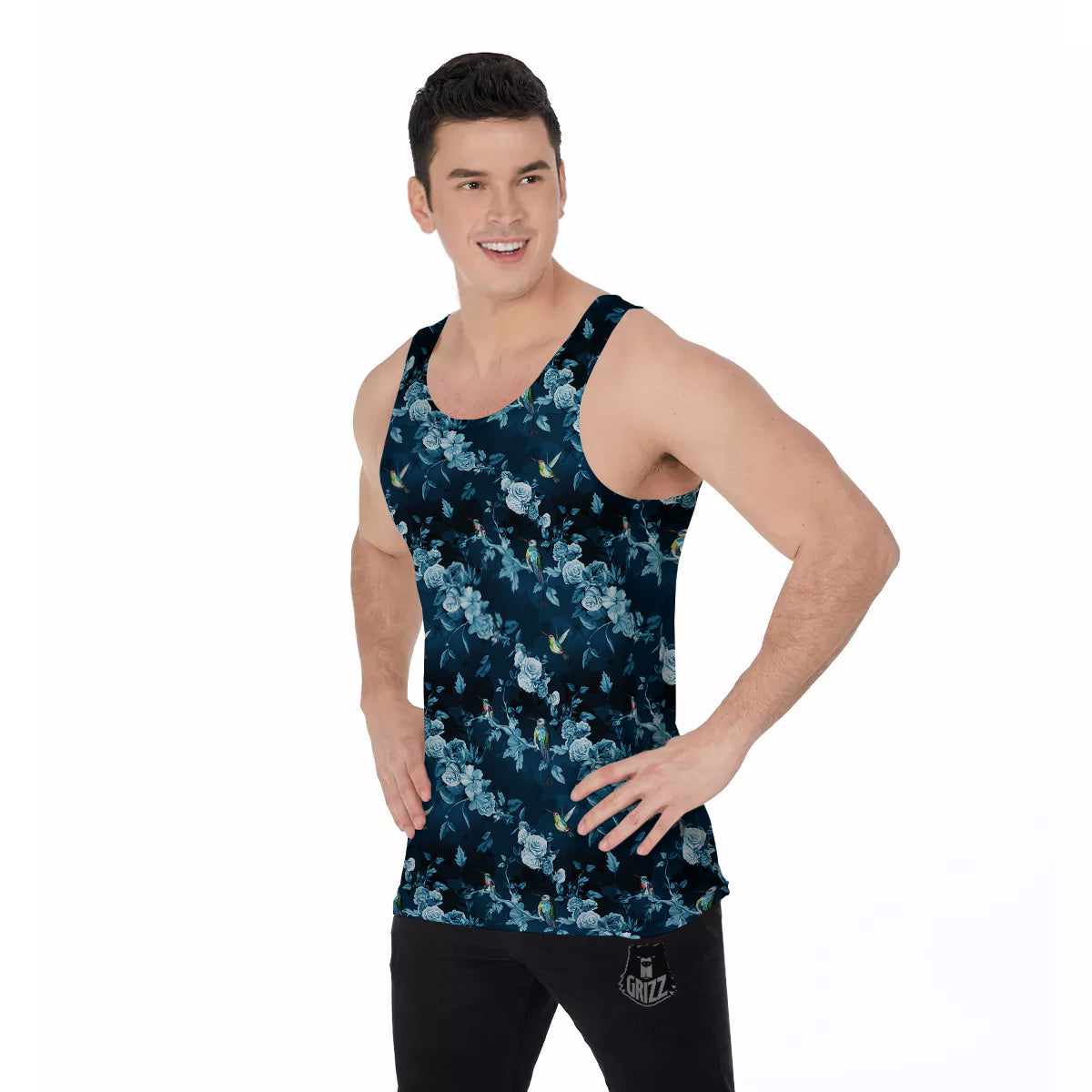 Floral Hummingbird Dark Blue Print Men's Tank Top-grizzshop
