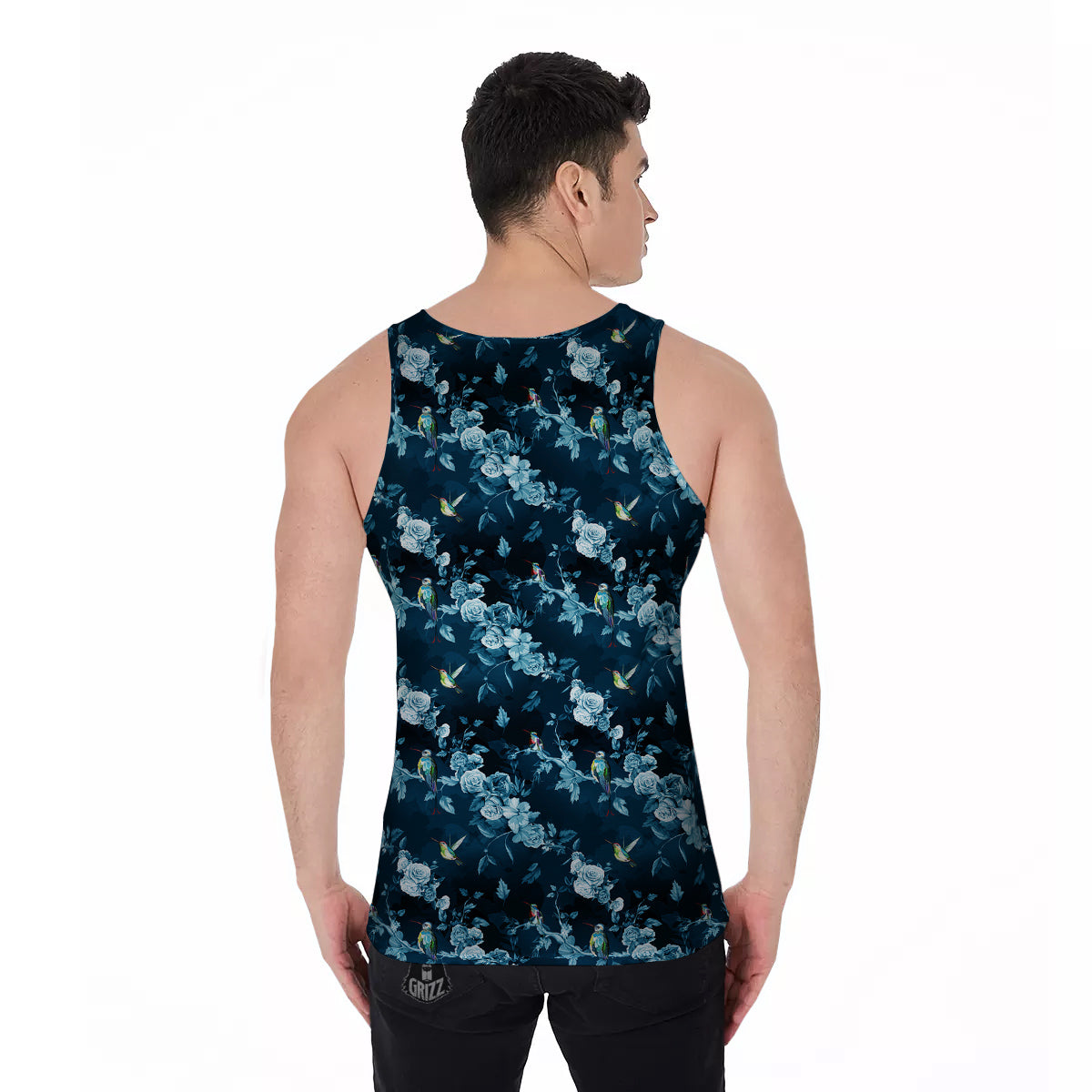 Floral Hummingbird Dark Blue Print Men's Tank Top-grizzshop