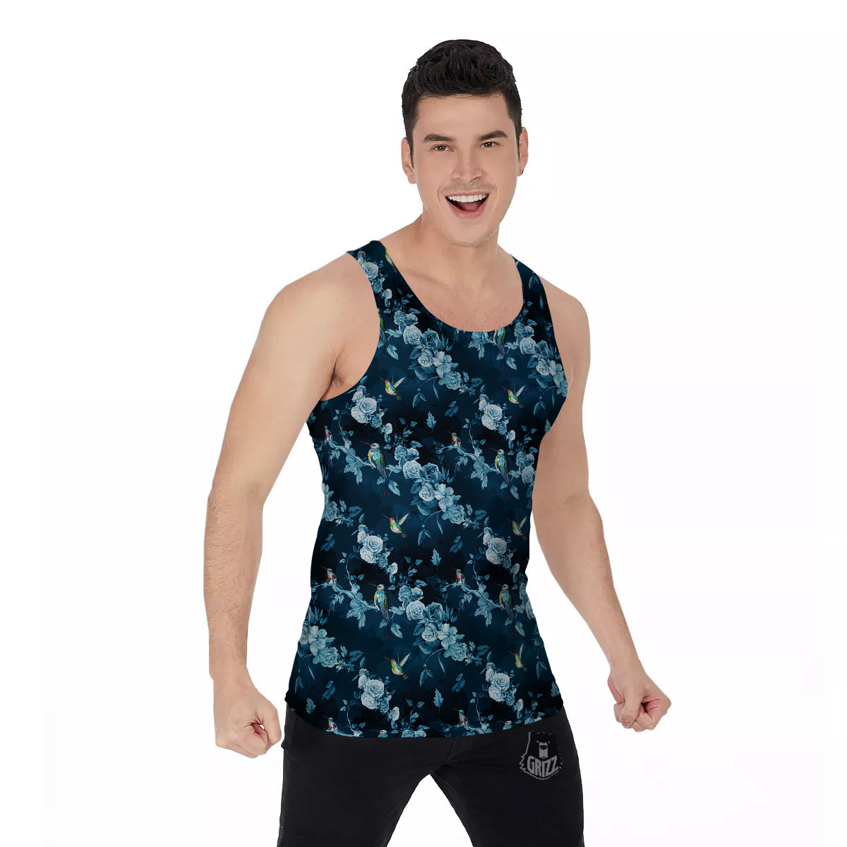 Floral Hummingbird Dark Blue Print Men's Tank Top-grizzshop
