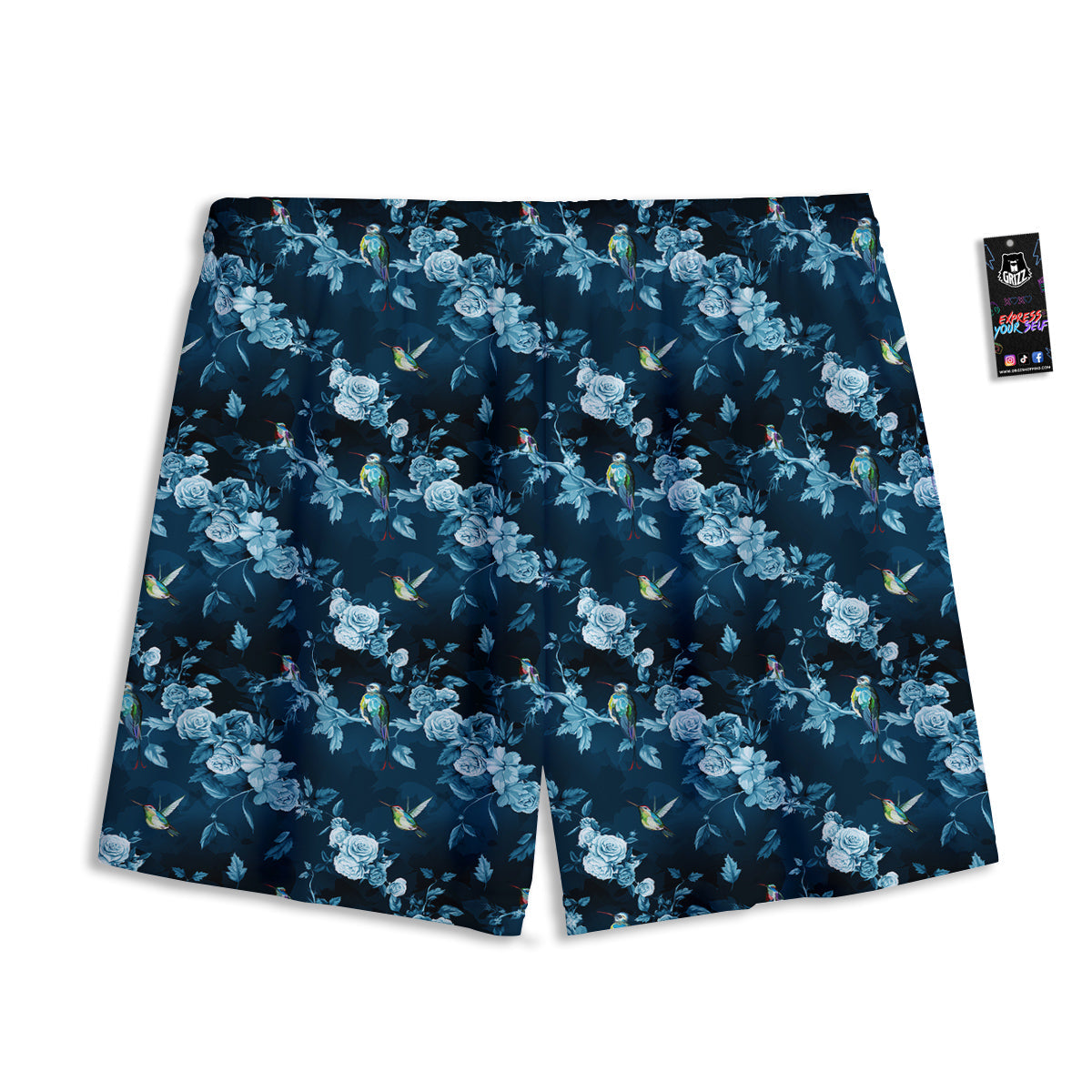 Floral Hummingbird Dark Blue Print Mesh Shorts