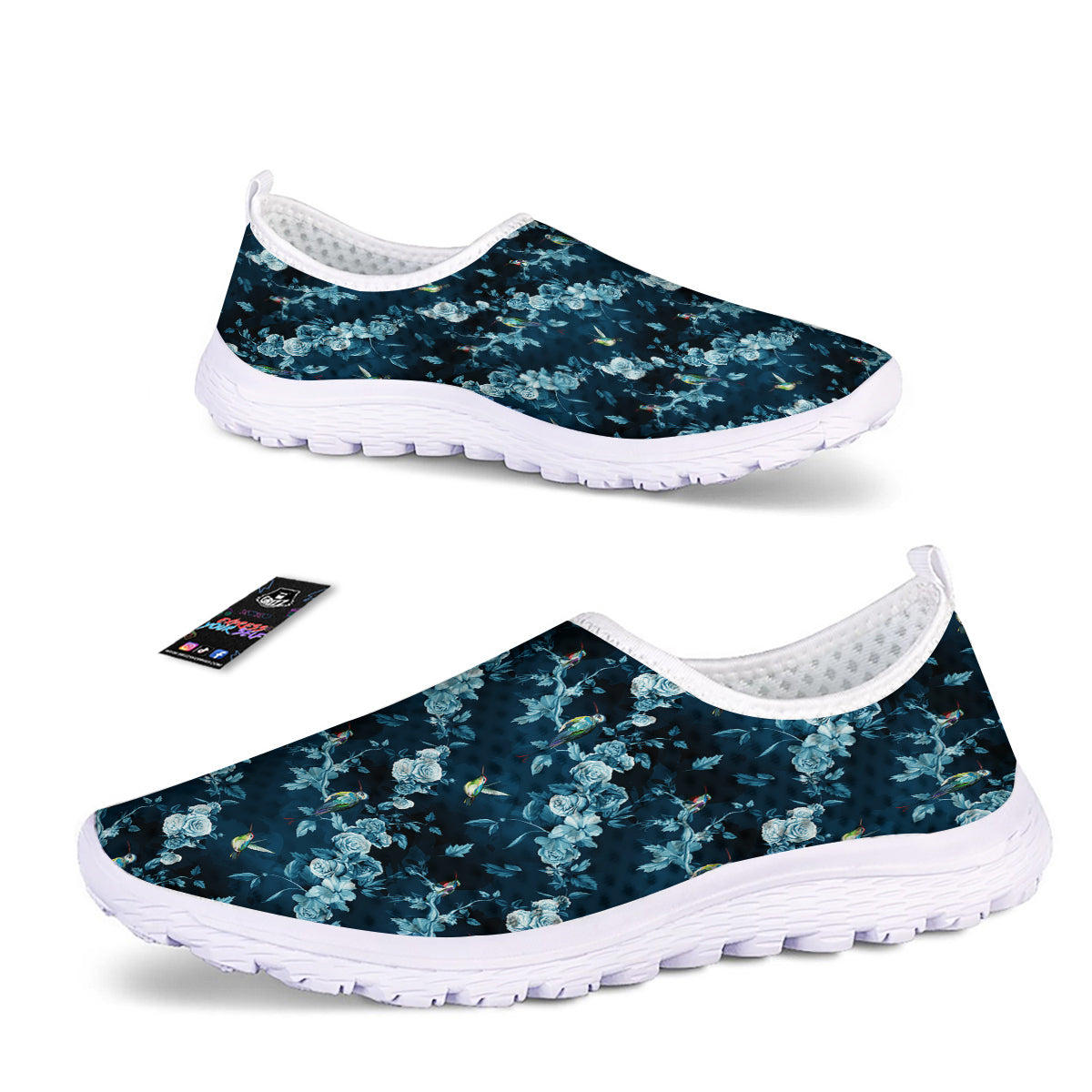 Floral Hummingbird Dark Blue Print Nurse Shoes-grizzshop