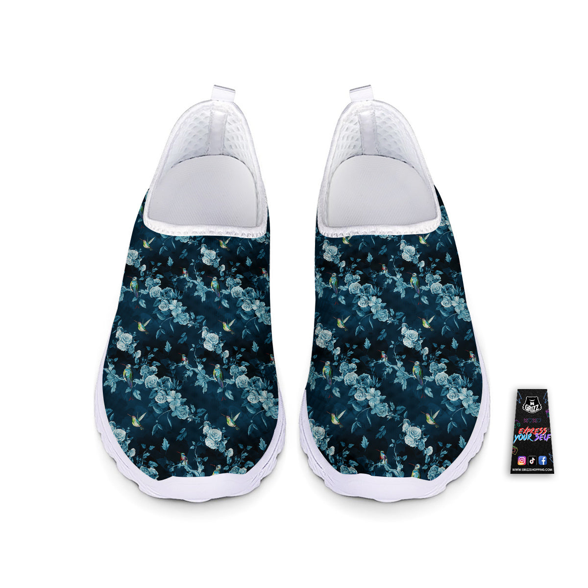 Floral Hummingbird Dark Blue Print Nurse Shoes-grizzshop