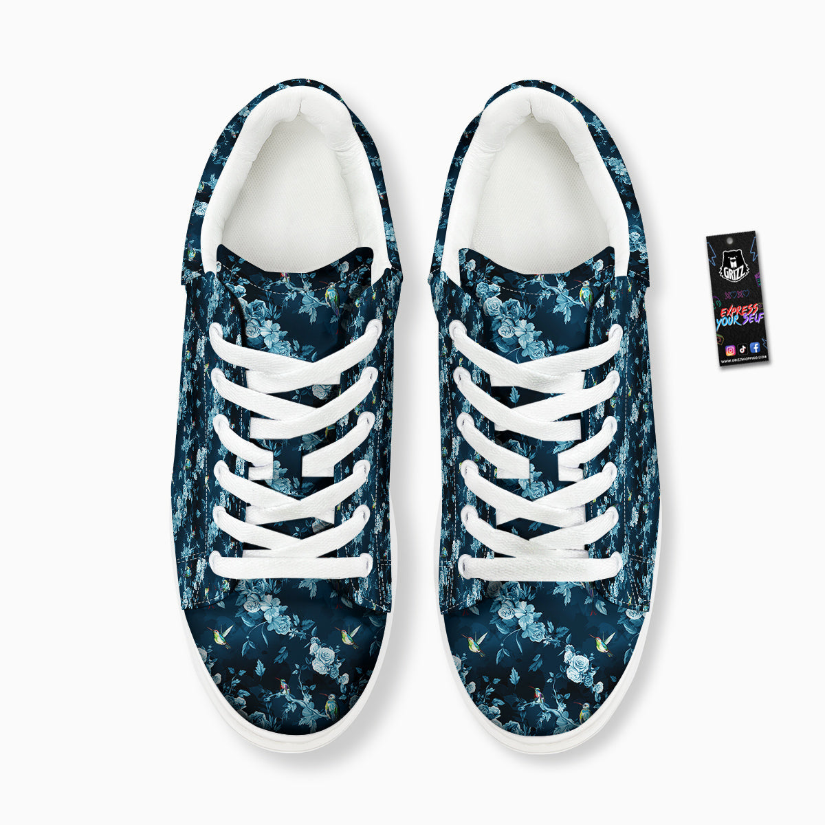 Floral Hummingbird Dark Blue Print Platform Shoes-grizzshop