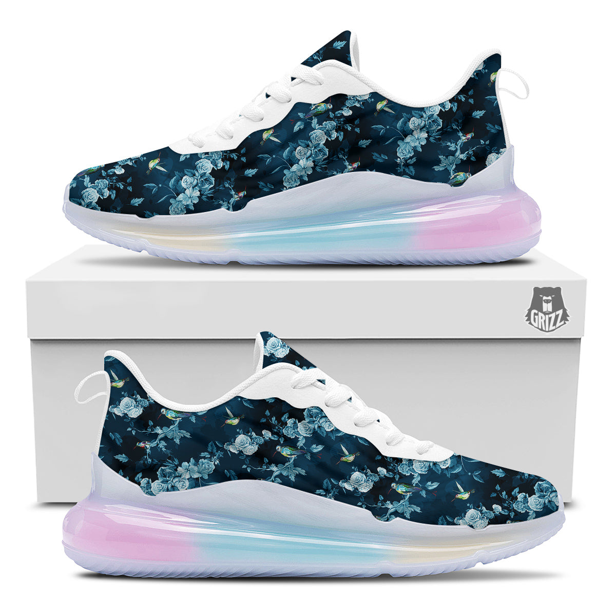 Floral Hummingbird Dark Blue Print Running Sneakers-grizzshop