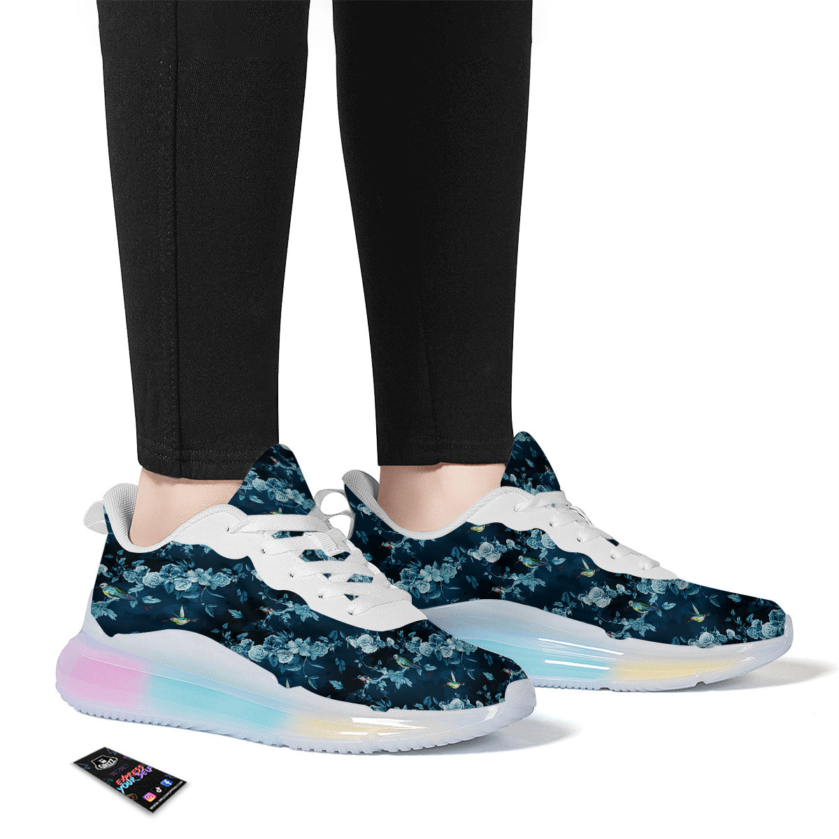Floral Hummingbird Dark Blue Print Running Sneakers-grizzshop