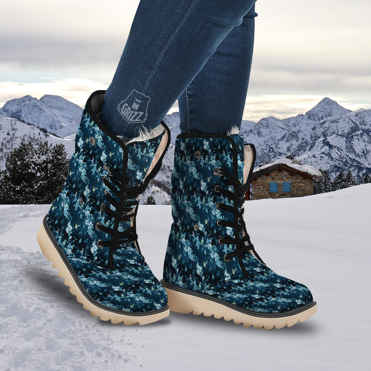 Floral Hummingbird Dark Blue Print Snow Boots-grizzshop
