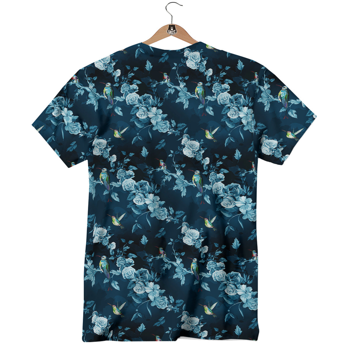 Floral Hummingbird Dark Blue Print T-Shirt-grizzshop