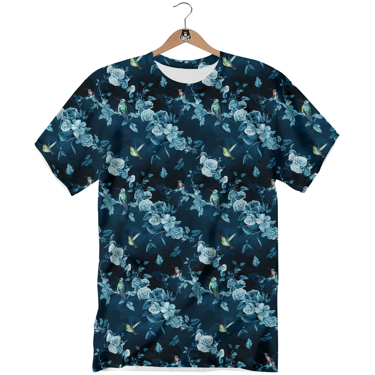 Floral Hummingbird Dark Blue Print T-Shirt-grizzshop