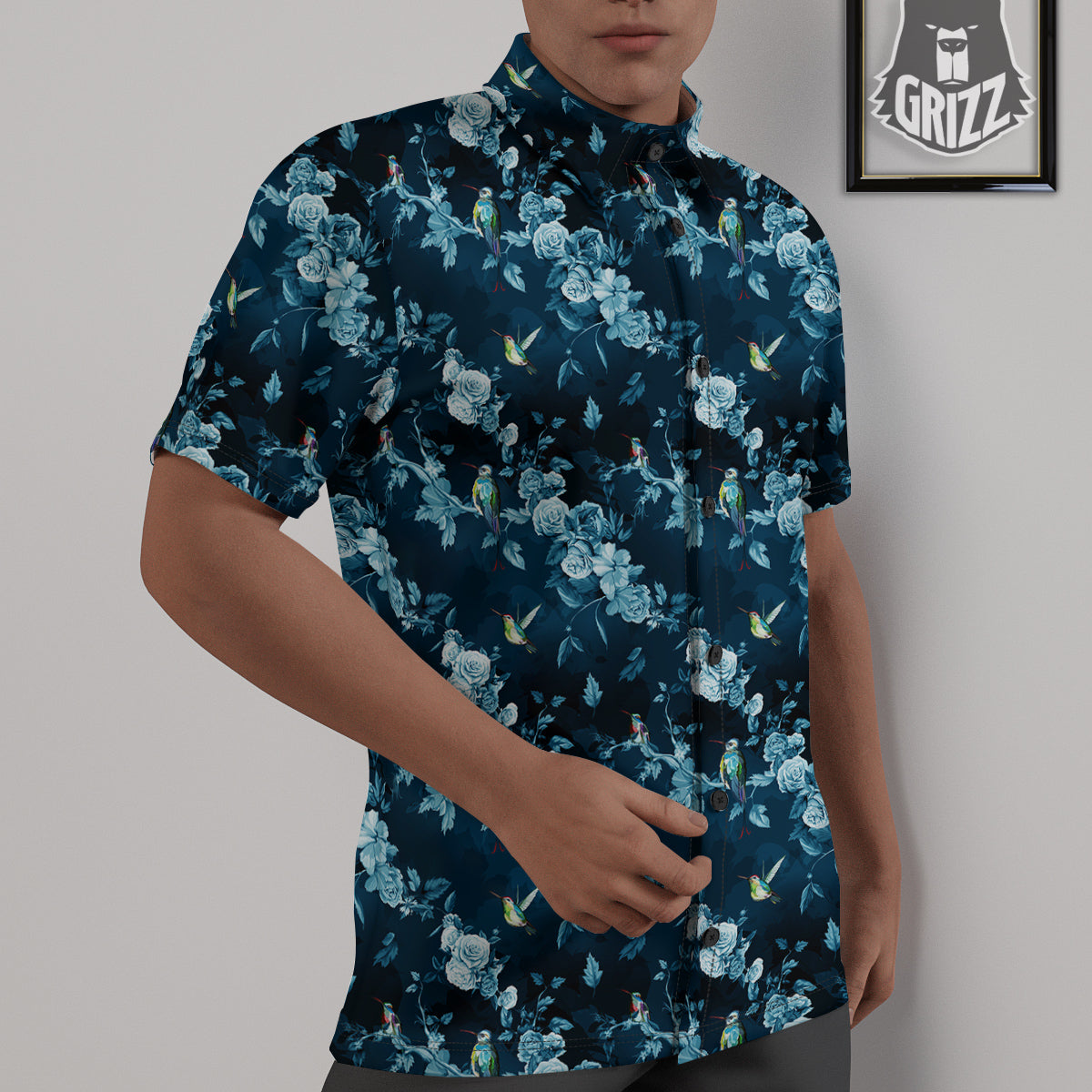 Floral Hummingbird Dark Blue Print Untucked Shirts-grizzshop