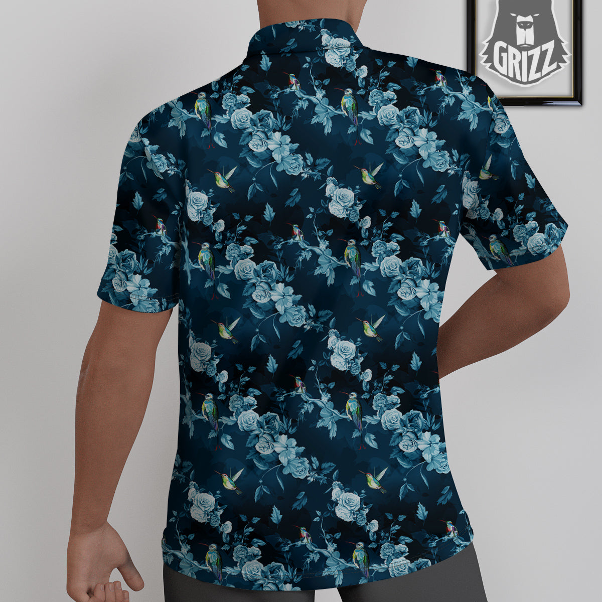 Floral Hummingbird Dark Blue Print Untucked Shirts-grizzshop