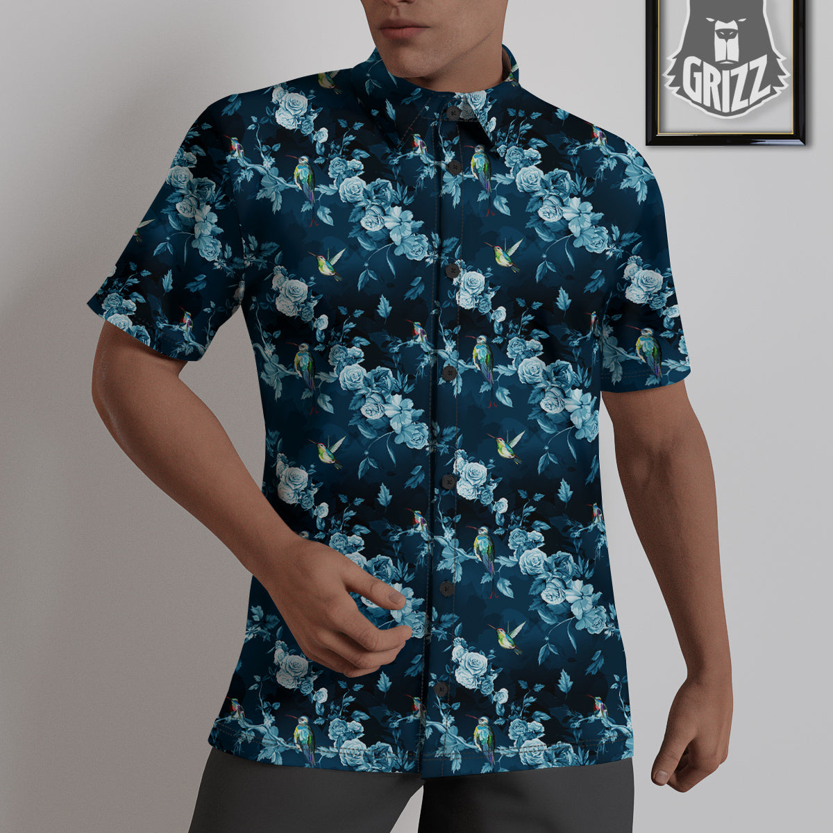 Floral Hummingbird Dark Blue Print Untucked Shirts-grizzshop