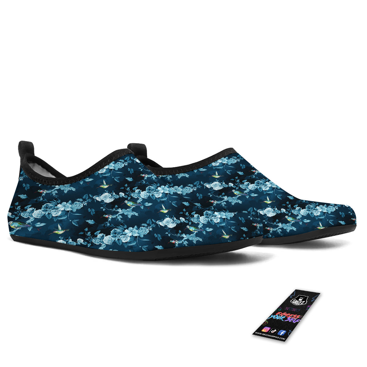Floral Hummingbird Dark Blue Print Water Shoes-grizzshop