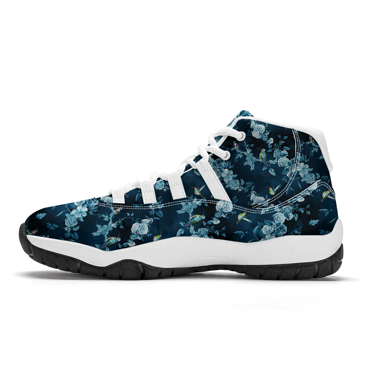 Floral Hummingbird Dark Blue Print White Bball Shoes-grizzshop