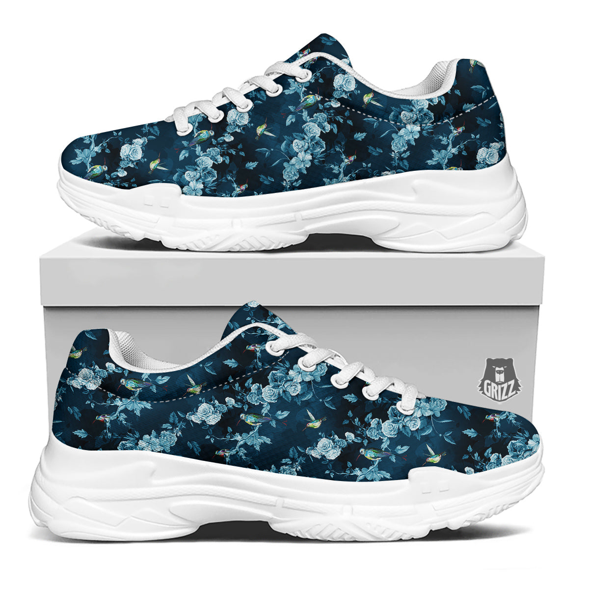 Floral Hummingbird Dark Blue Print White Chunky Shoes-grizzshop