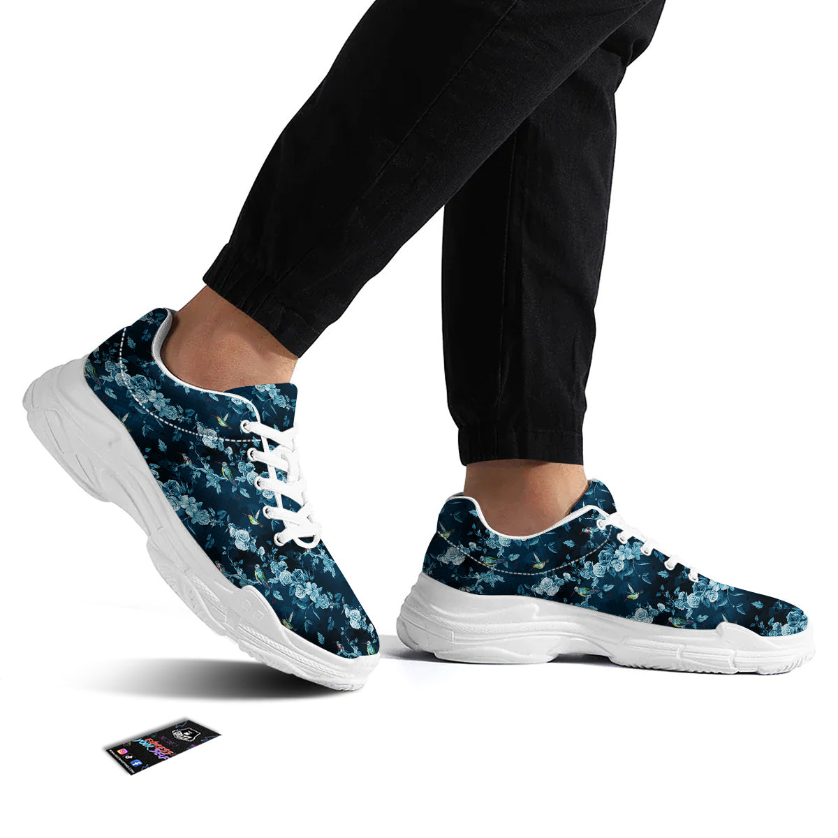 Floral Hummingbird Dark Blue Print White Chunky Shoes-grizzshop