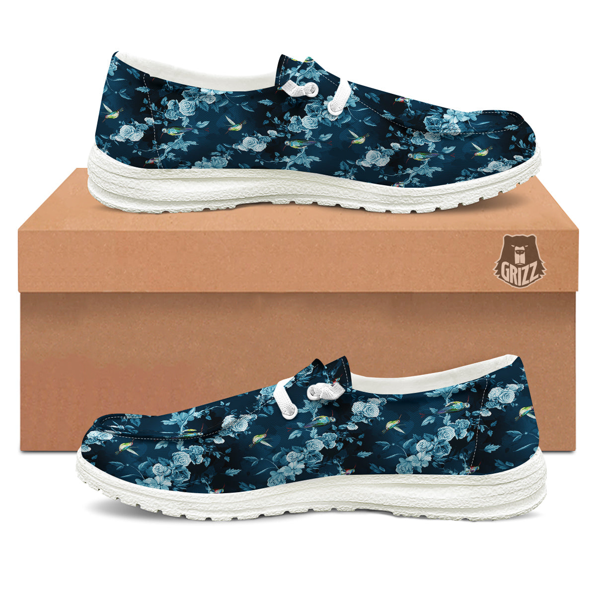 Floral Hummingbird Dark Blue Print White Loafers-grizzshop