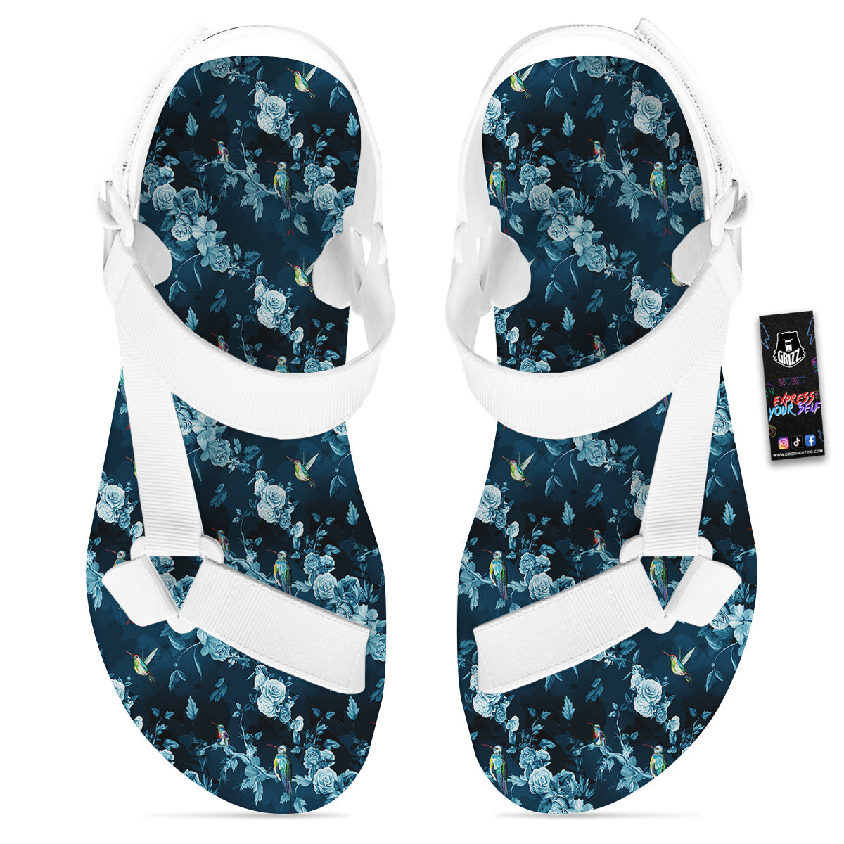 Floral Hummingbird Dark Blue Print White Open Toe Sandals-grizzshop