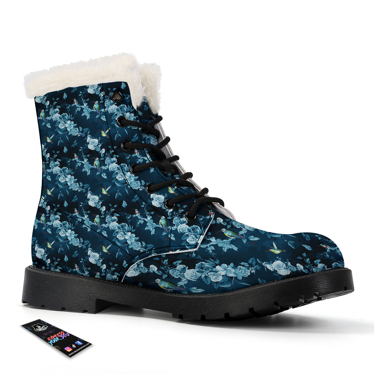 Floral Hummingbird Dark Blue Print Winter Boots-grizzshop