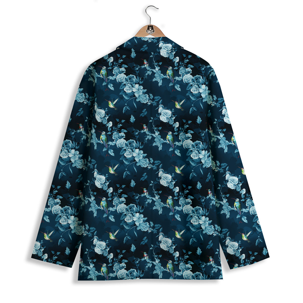 Floral Hummingbird Dark Blue Print Women's Blazer-grizzshop