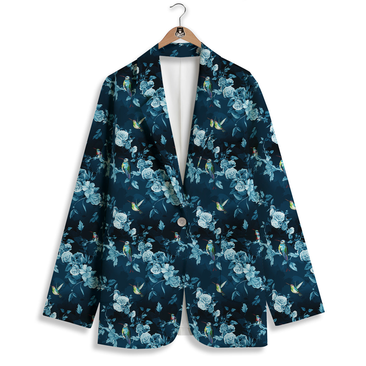 Floral Hummingbird Dark Blue Print Women's Blazer-grizzshop