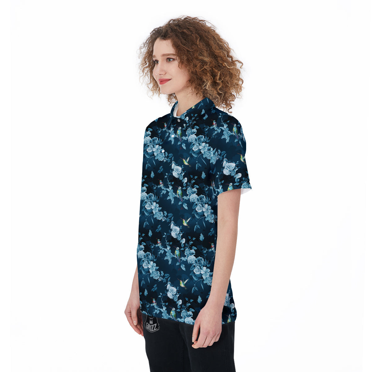 Floral Hummingbird Dark Blue Print Women's Golf Shirts-grizzshop
