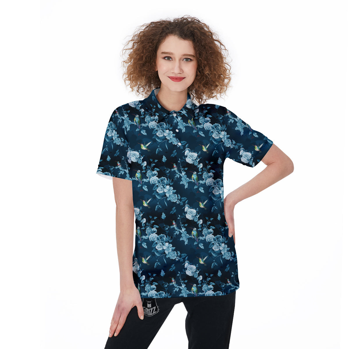 Floral Hummingbird Dark Blue Print Women's Golf Shirts-grizzshop