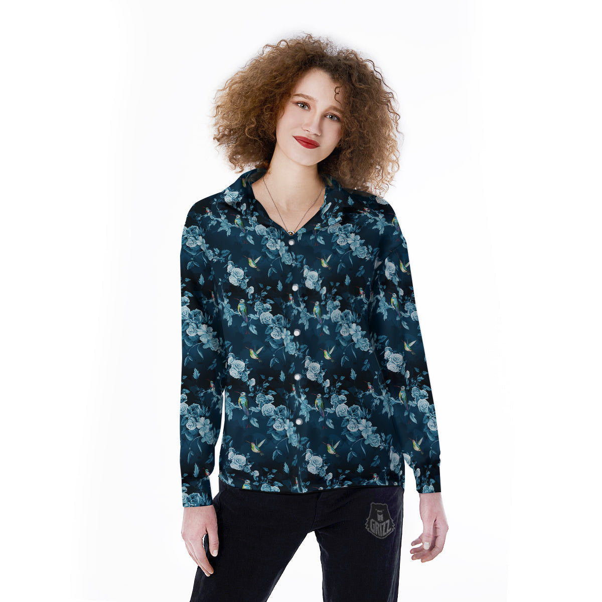 Floral Hummingbird Dark Blue Print Women's Long Sleeve Shirts-grizzshop