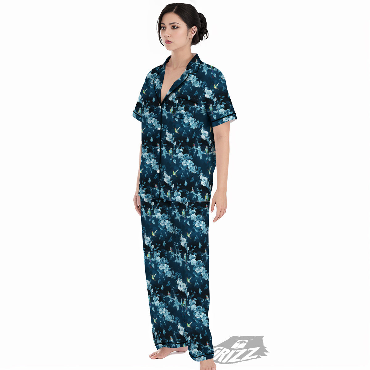 Floral Hummingbird Dark Blue Print Women's Pajamas Set-grizzshop
