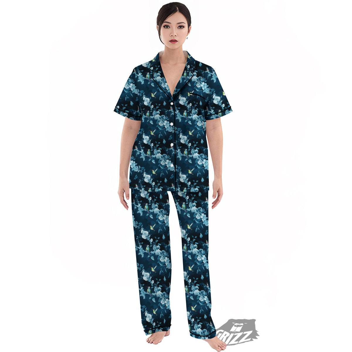 Floral Hummingbird Dark Blue Print Women's Pajamas Set-grizzshop