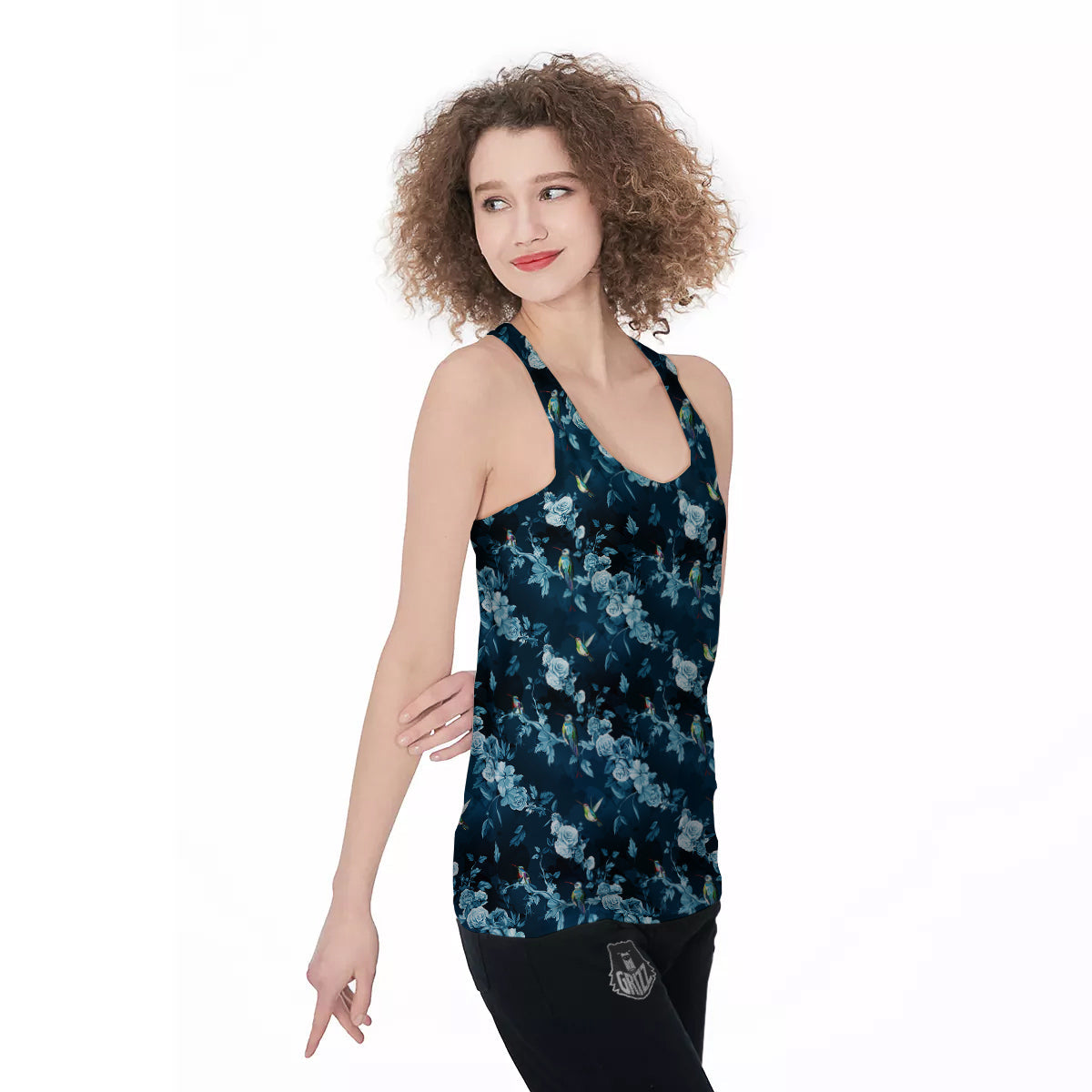 Floral Hummingbird Dark Blue Print Women's Racerback Tank Top-grizzshop