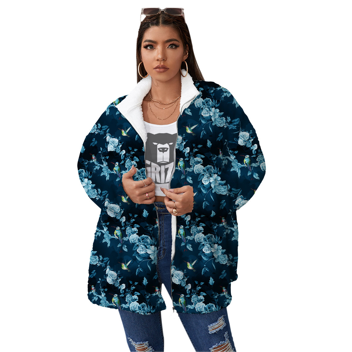 Floral Hummingbird Dark Blue Print Women's Sherpa Jacket-grizzshop