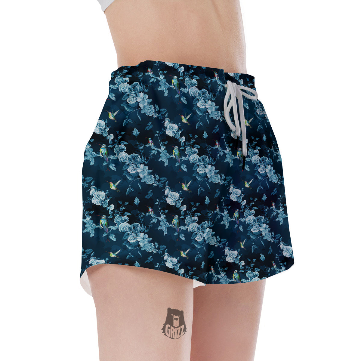 Floral Hummingbird Dark Blue Print Women's Shorts-grizzshop
