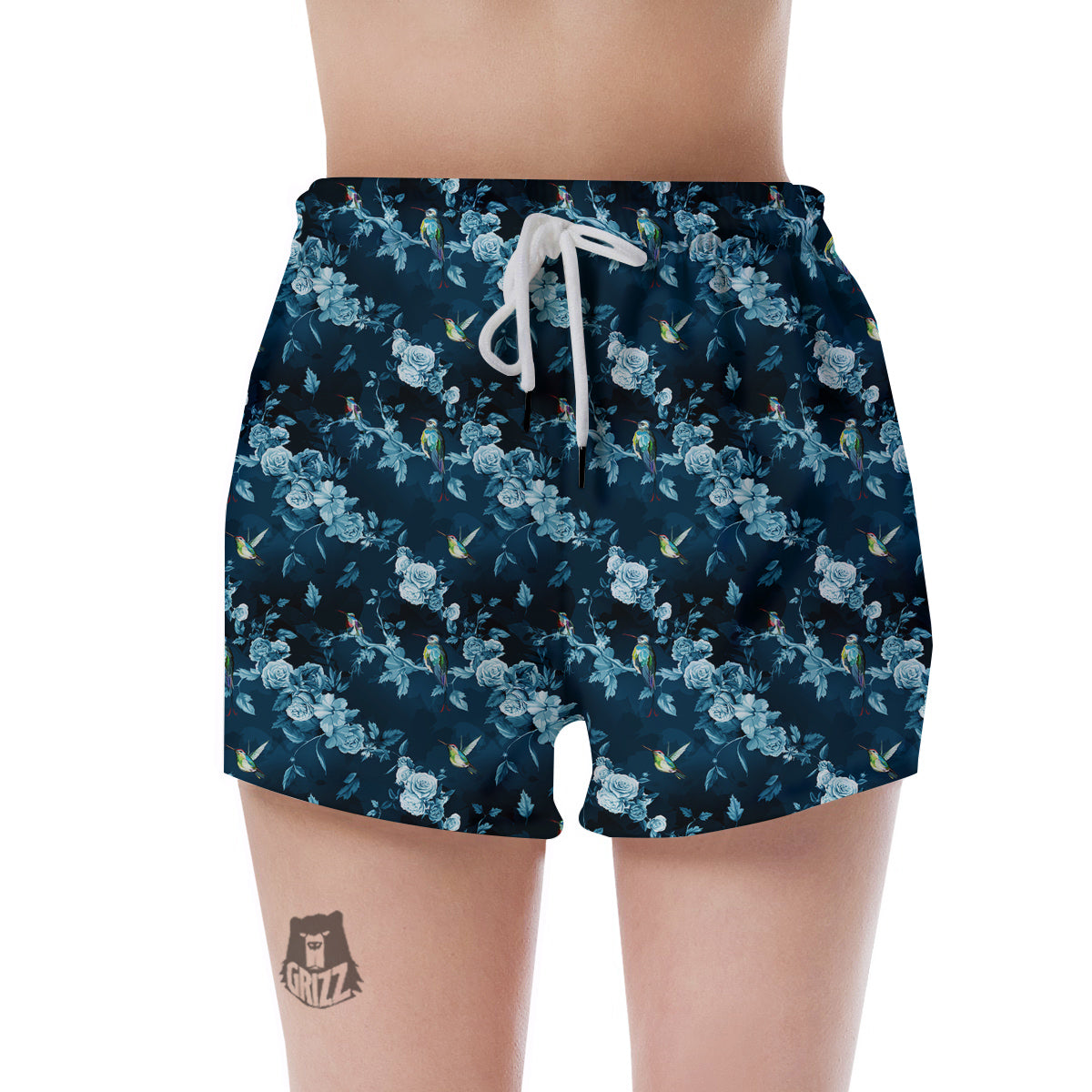 Floral Hummingbird Dark Blue Print Women's Shorts-grizzshop