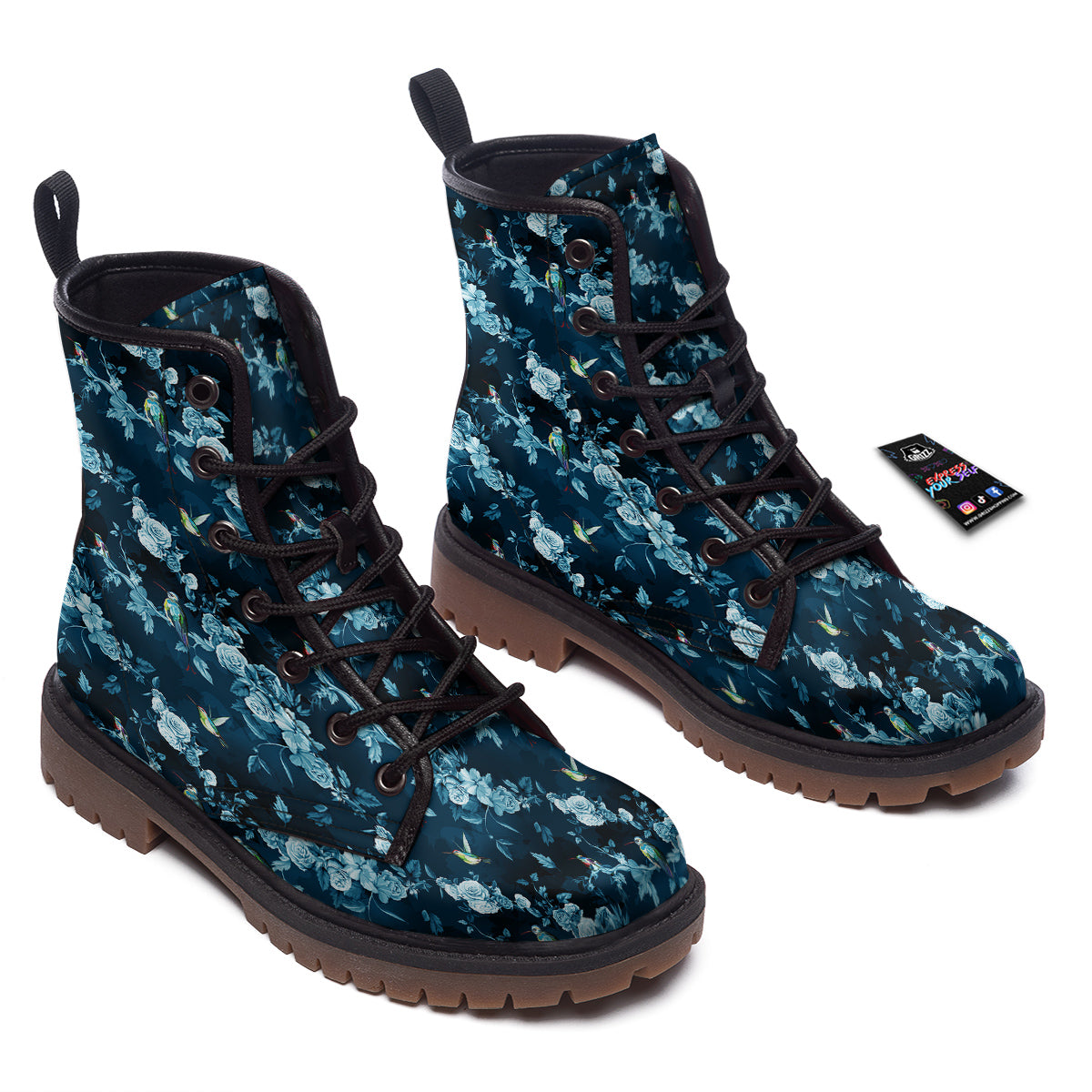 Floral Hummingbird Dark Blue Print Work Boots-grizzshop