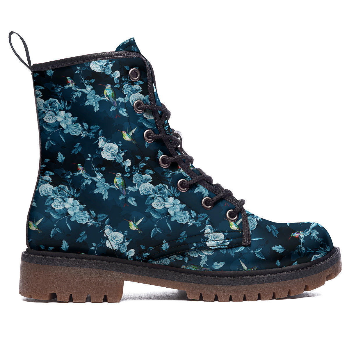 Floral Hummingbird Dark Blue Print Work Boots-grizzshop